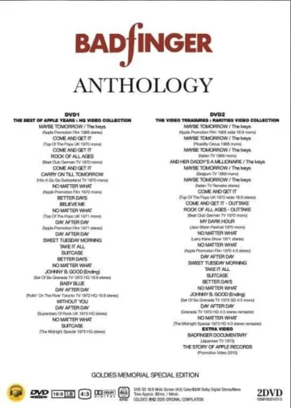 BADFINGER / ANTHOLOGY - THE BEST OF APPLE YEARS AND THE VIDEO TREASURES (2DVD) GOLDIES / GSBF002DVD1/2 2025 (1BD-R) VIDEOSMASH / VS-392BDR