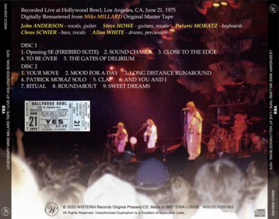 YES / LEGENDARY MIKE MILLARD TAPE: LIVE AT HOLLYWOOD BOWL 1975 (2CD) WISCD 2020-003